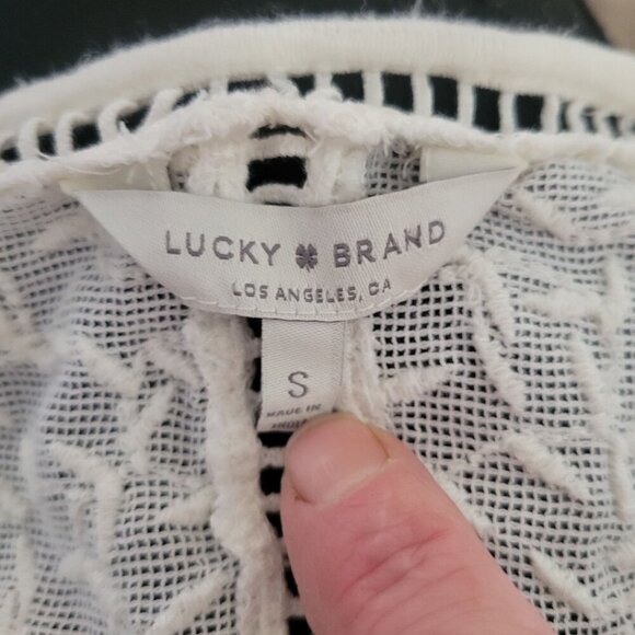 LUCKY BRAND White Gauzy Lace Embrodered Short Sleeve Top S boho Chic hippie - Picture 4 of 4